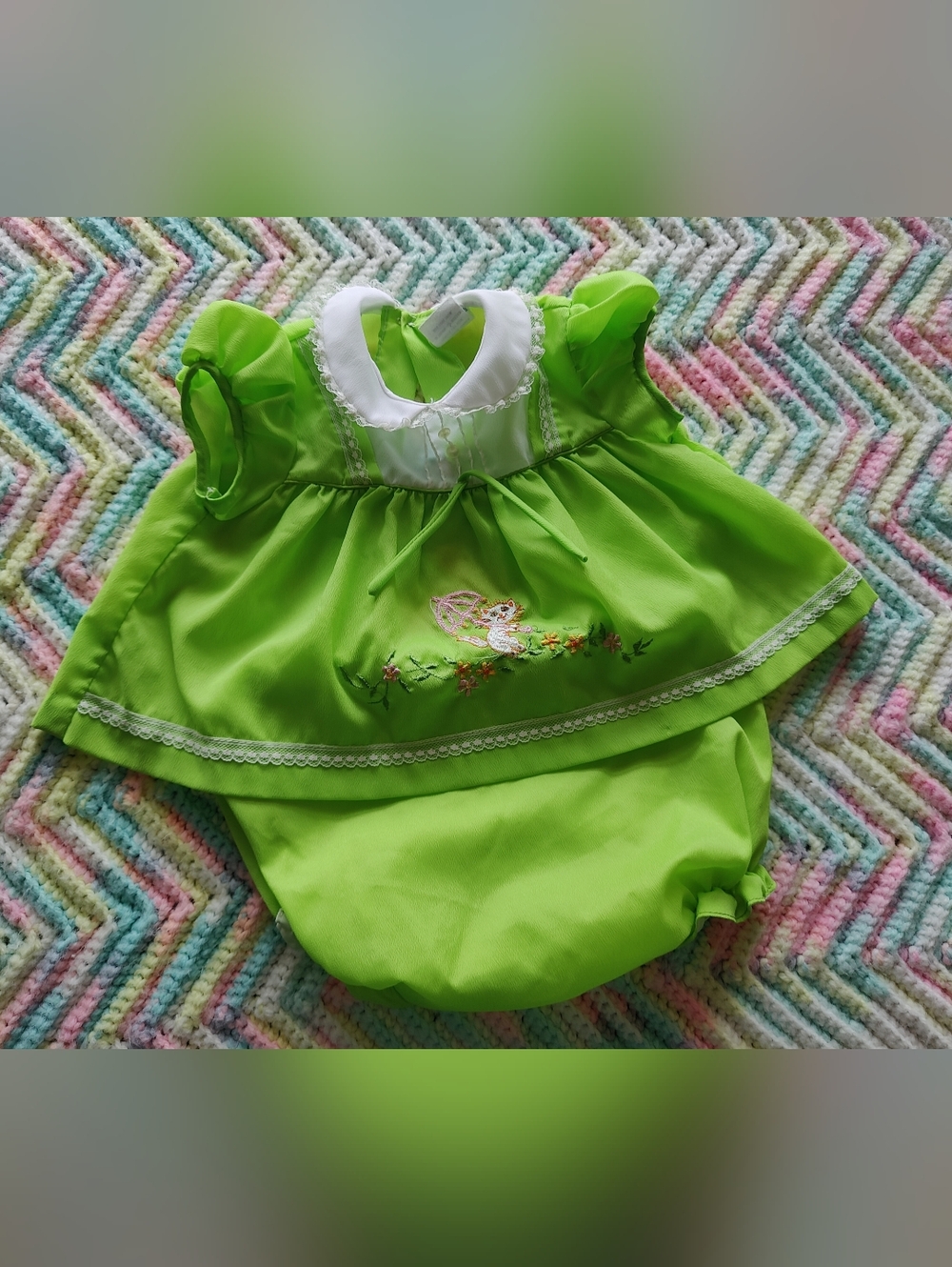 Vintage 60/70s Lime Green Embroidered Baby Dress & Bloomer Set